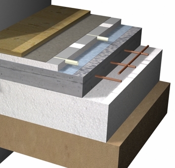 Gulvopbygning med gulvvarmesystem over beton